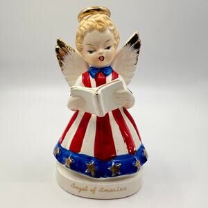 Vintage 50s Art Gift  Angel Of America Figurine Porcelain Girl 1958 Japan 4.5"